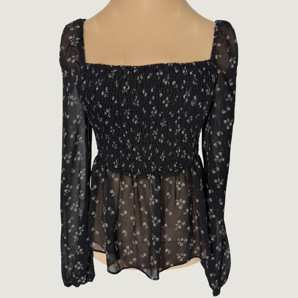 3230 | Ditsy Floral Smocked Peplum Blouse Black Cottagecore Coquette Women S